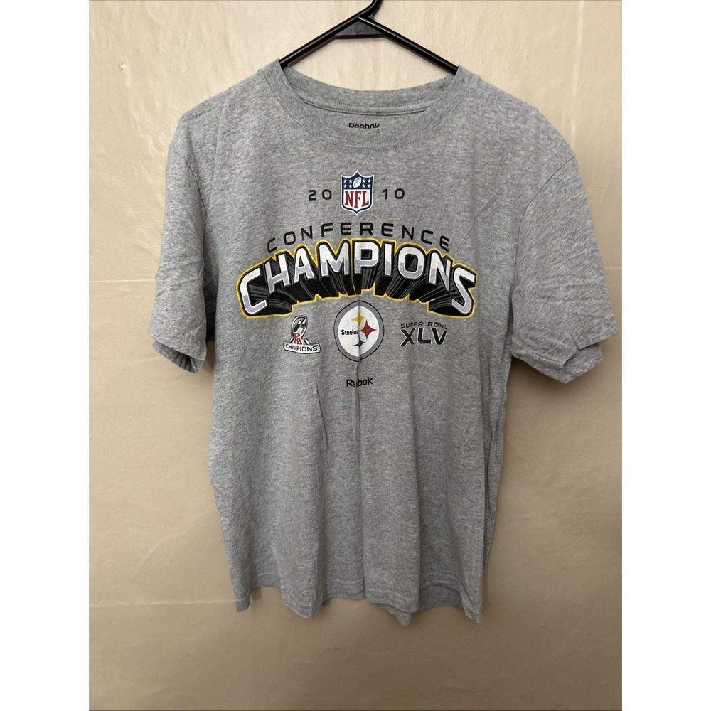 reebok NFL Large Gray Short Sleeve T‎ Shirt Steelers Conference Champs 2010